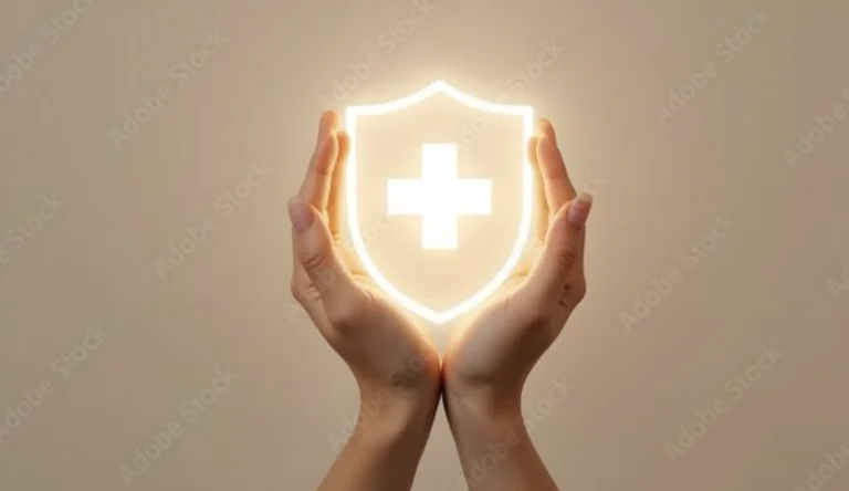 Mains entourant un bouclier lumineux marqué d'une croix