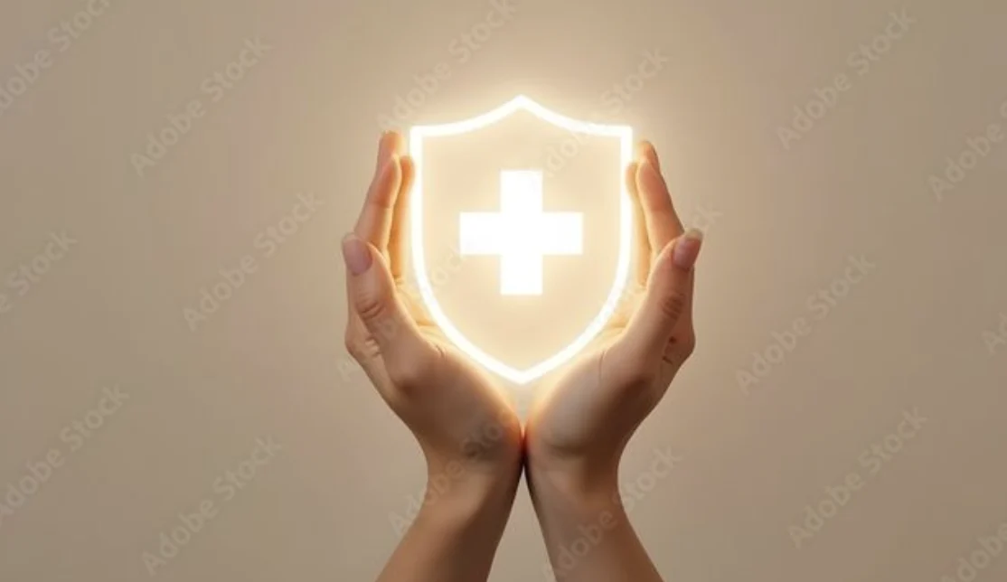 Mains entourant un bouclier lumineux marqué d'une croix