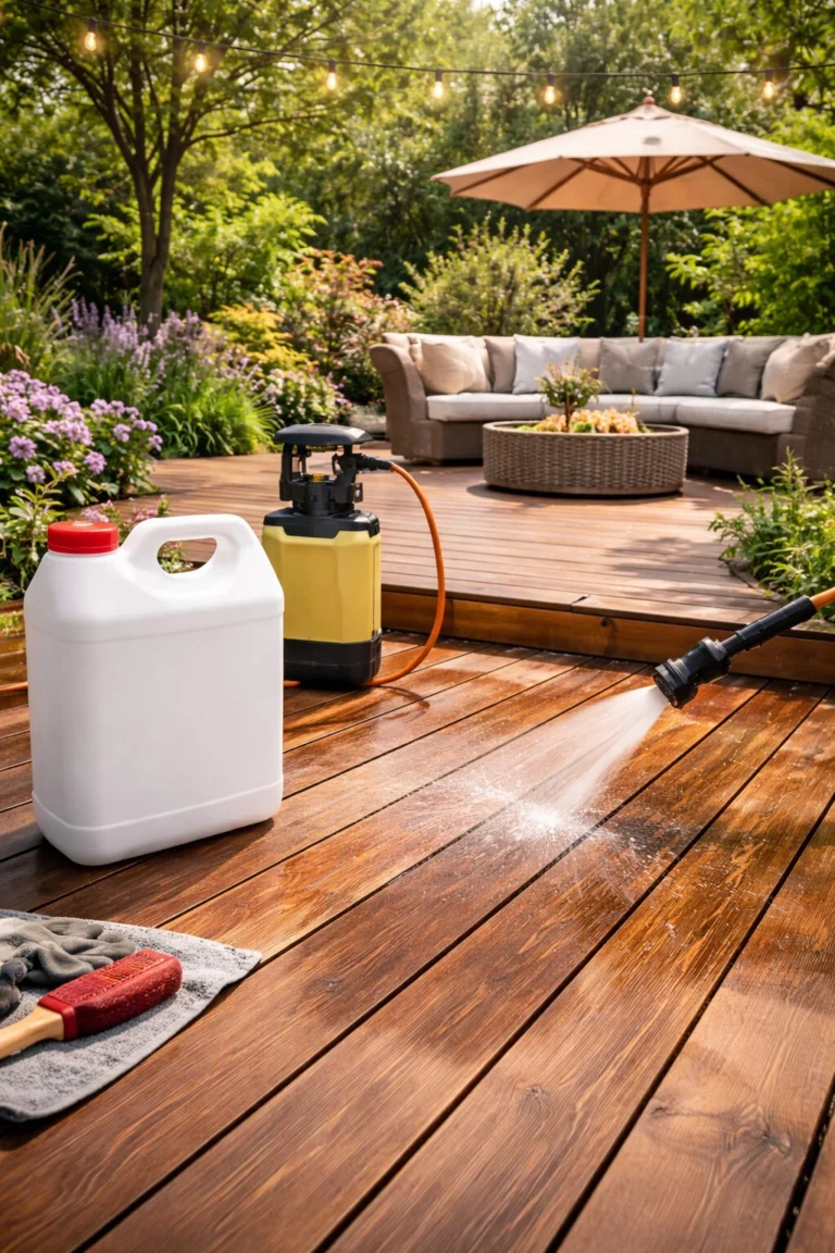Terrasse en bois traitée au pulvérisateur, bidon blanc au premier plan