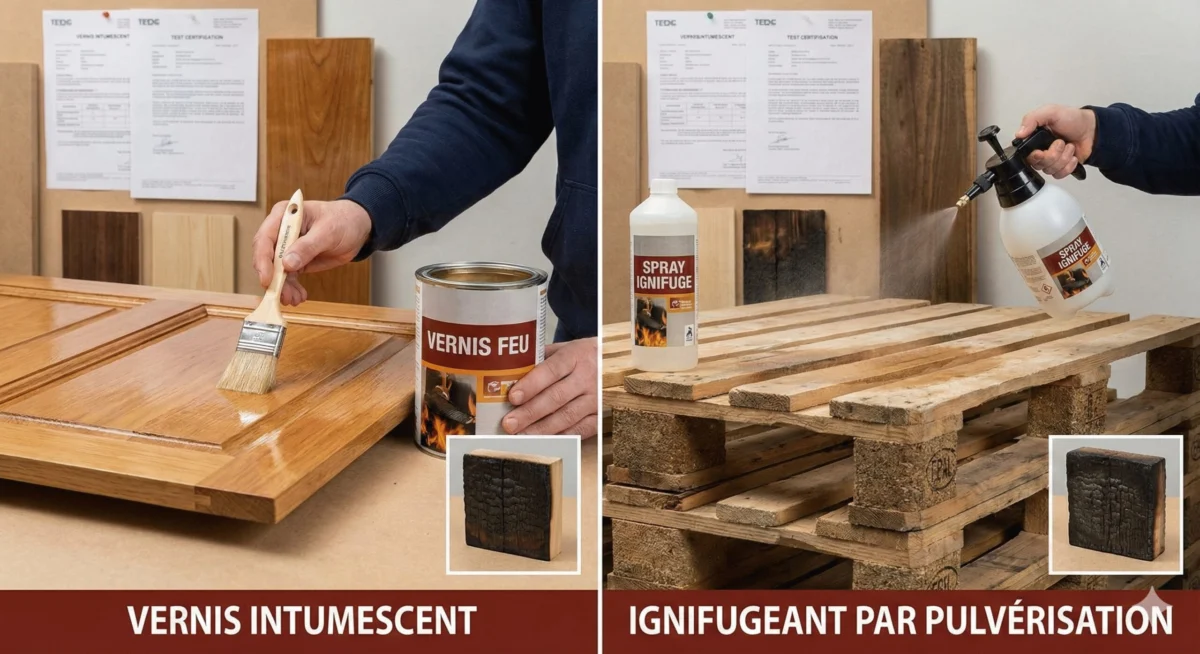 Deux scènes : vernis appliqué au pinceau sur un panneau de bois, et pulvérisation sur une palette