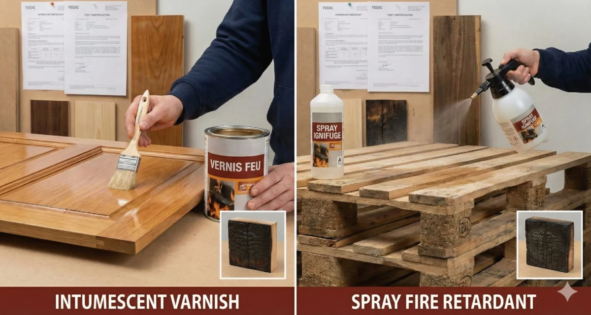 Two scenes: varnish brushed onto a wooden panel, and a pallet being sprayed