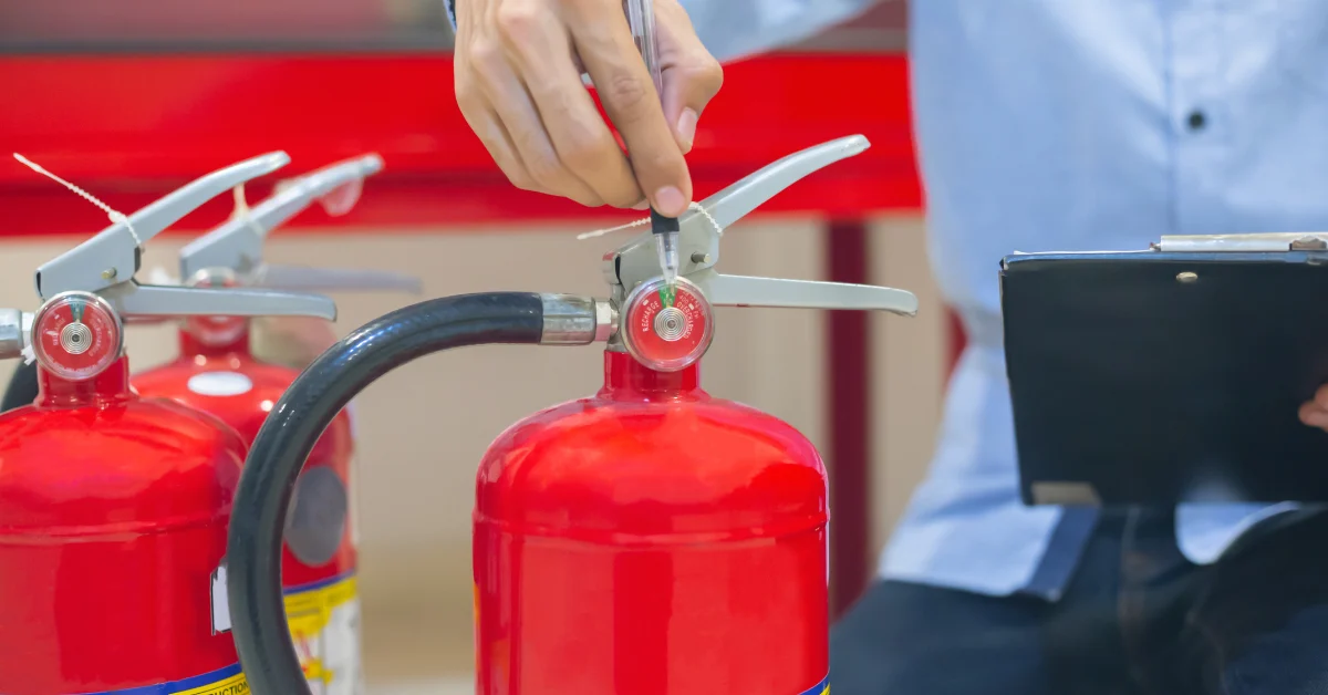Technician checking the pressure gauge of a red fire extinguisher