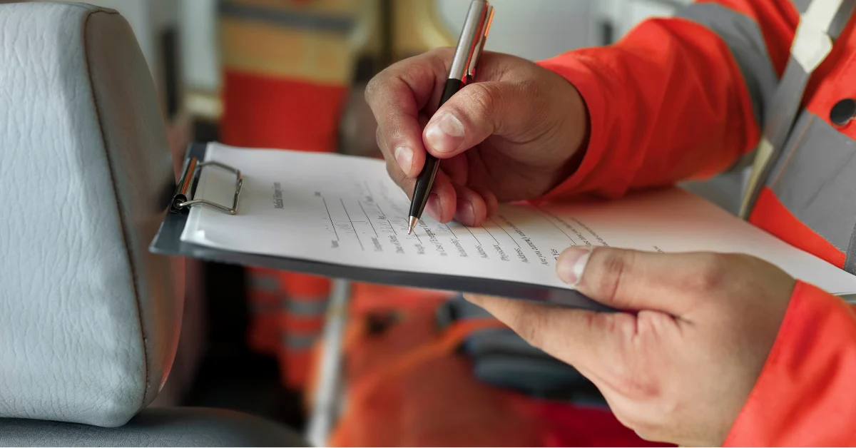 Person in an orange work jacket filling in a form on a clipboard