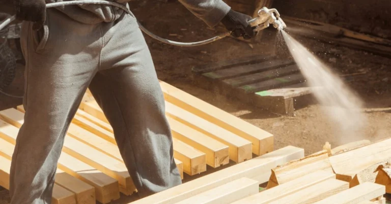 Opérateur pulvérisant des pièces de bois empilées