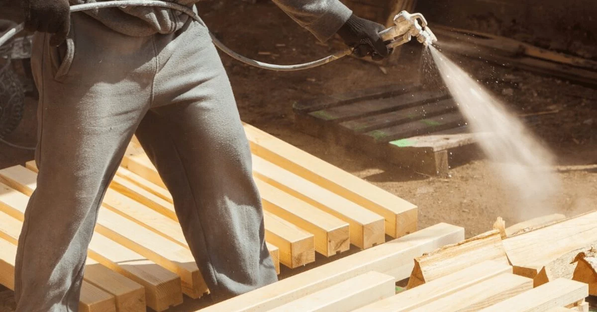 Worker spraying stacked lengths of timber