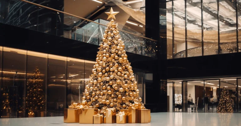 Grand sapin de Noël doré et paquets cadeaux dans le hall d'un centre commercial