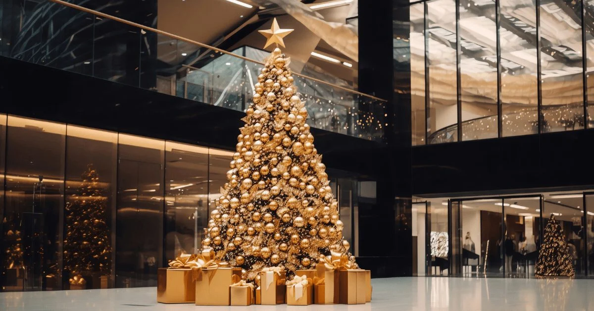 Large gold Christmas tree and gift boxes in a shopping centre atrium