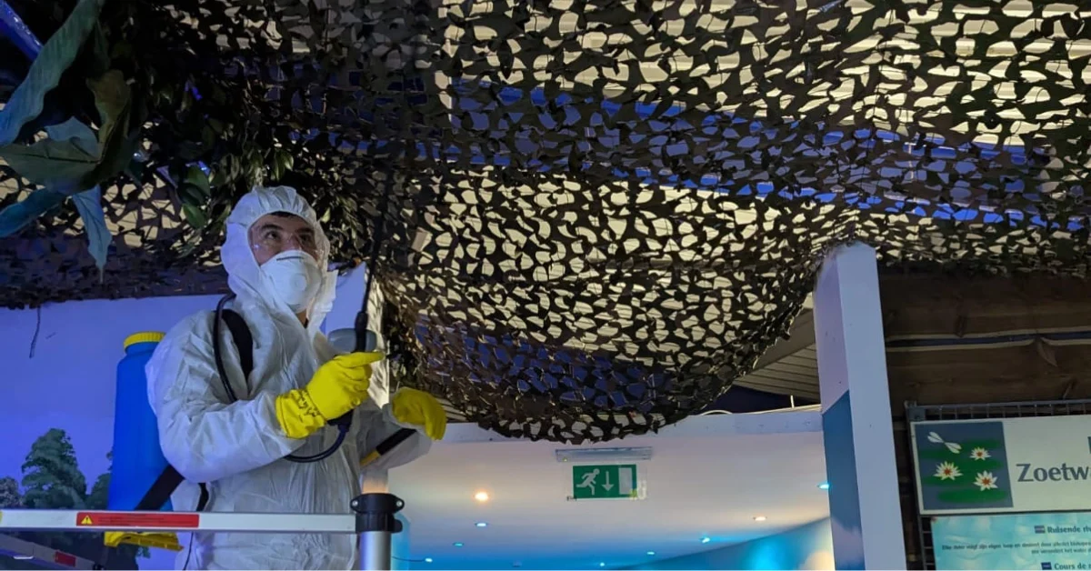Operator in a white coverall spraying a decorative net hanging from the ceiling
