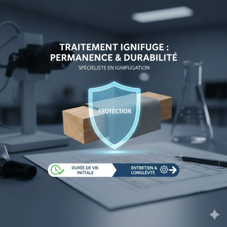 Wooden block under a glowing shield marked “Protection”, on a laboratory bench
