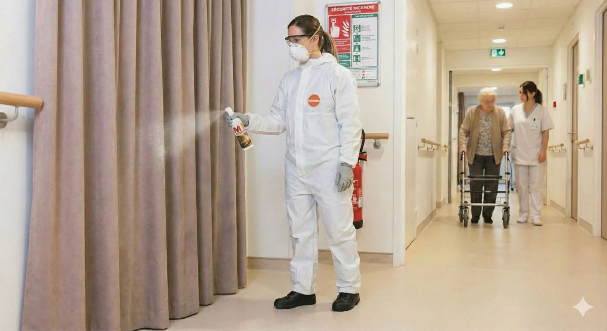 Operator in a white coverall spraying a curtain in a care home corridor