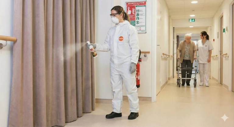 Operator in a white coverall spraying a curtain in a care home corridor