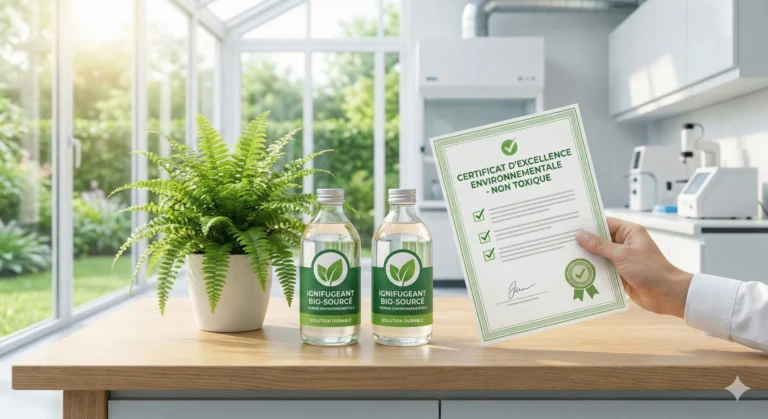 Two bottles with green labels, a fern and a hand holding a printed document, on a laboratory bench