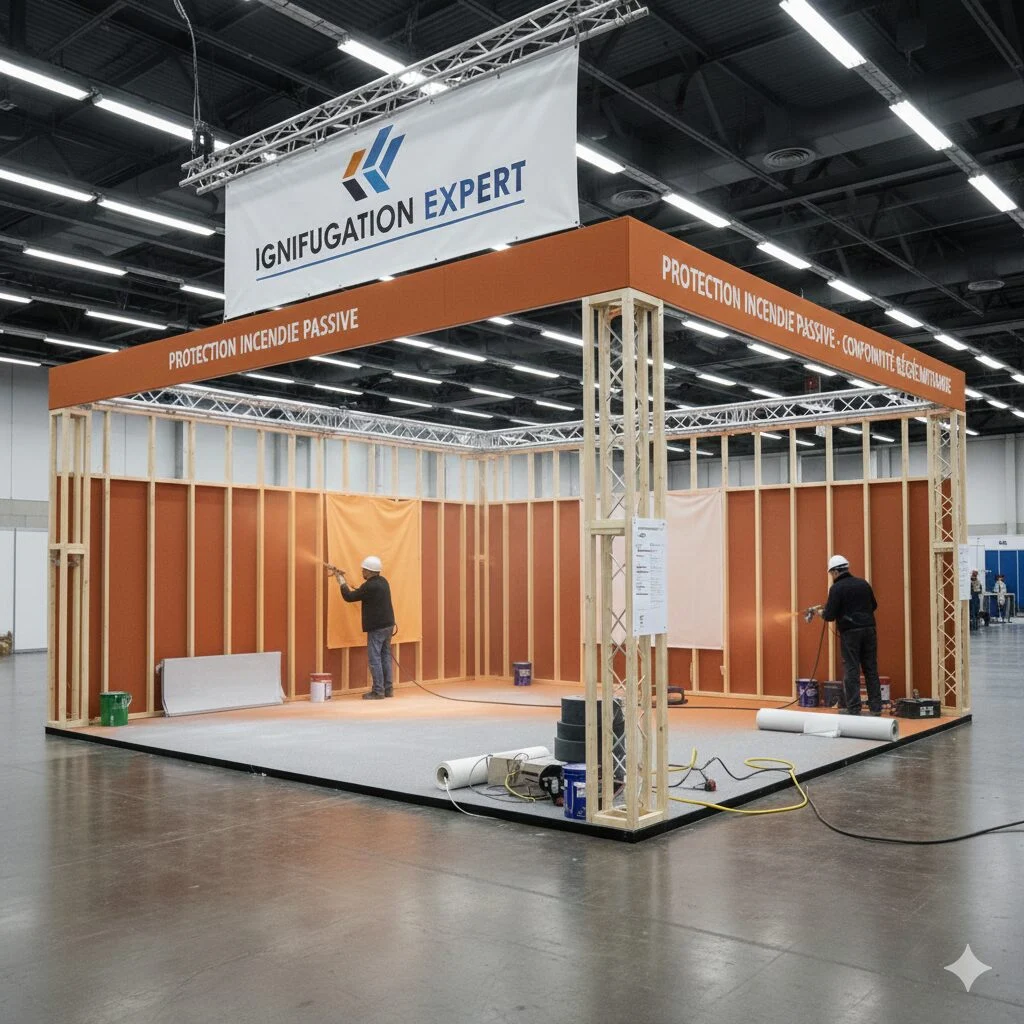 Exhibition stand under construction with painted wooden panels, two workers at work